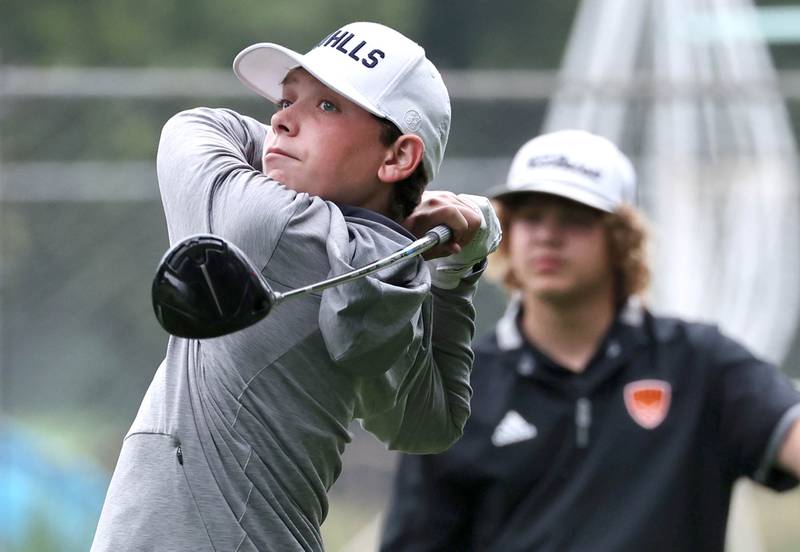 Sycamore’s Gavin Sedevie tees off on the fourth hole Wednesday, Sept. 27, 2023, during the Class 2A boys golf regional at Sycamore Golf Club.