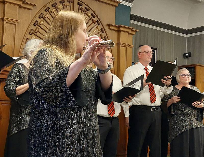 Nice Hawkinson performs on the flute Tuesday, April 2, 2024, at the Prairie Singers spring concert at the Streator Public Library.