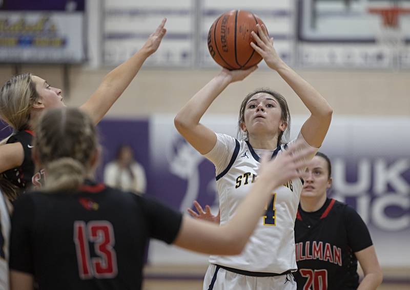 Sterling’s Maggie Rowzee puts up a shot against Stillman Valley Thursday, Dec. 28, 2023 at the Dixon KSB Holiday tournament.