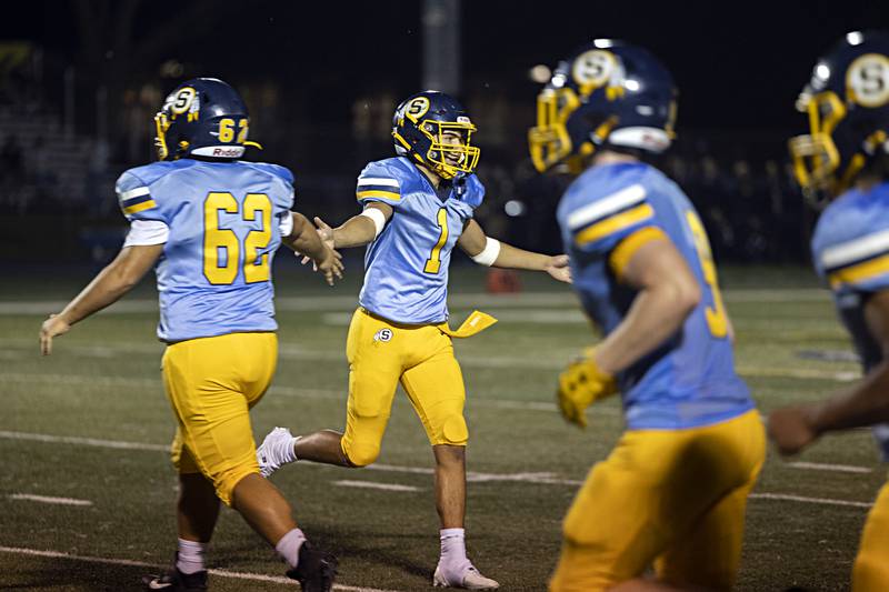 Sterling’s Joseph Holcomb celebrates a late first half score against Galesburg Thursday, Sept. 14, 2023 at Sterling High School.