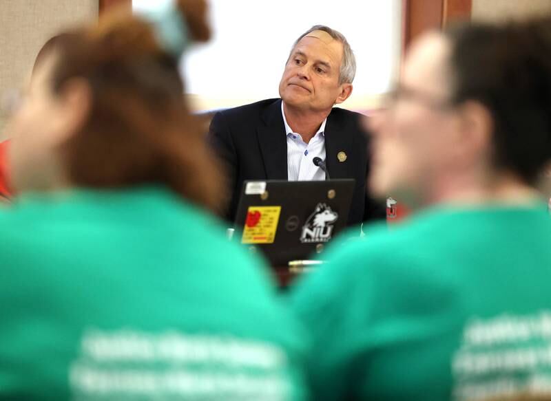 Northern Illinois University Board of Trustees Chair Eric Wasowicz listens to employees speak asking for higher wages at the NIU Board of Trustees meeting Thursday, Sept. 21, 2023, in Altgeld Hall on campus in Dekalb. Several NIU employees, represented by the American Federation of State, County and Municipal Employees, attended and spoke at the meeting seeking a fast resolution to a contract with higher pay.