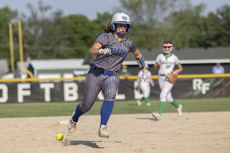 Princeton’s Izzy Gibson heads for third against Rock Falls Wednesday, May 15, 2024 a the Class 2A regional softball semifinal.
