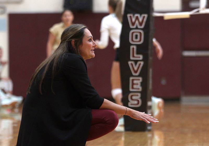 Prairie Ridge’s Head Coach Hilary Agnello guides the Wolves against Crystal Lake South in varsity girls volleyball on Thursday, Aug. 29, 2024, at Prairie Ridge High School in Crystal Lake.