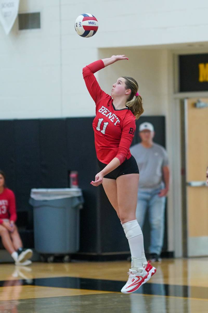 Benet’s Ellie Stiernagle (11) serves an ace to score the match winning point during a volleyball match against Metea Valley at Metea Valley High School in Aurora on Wednesday, Sep 4, 2024.