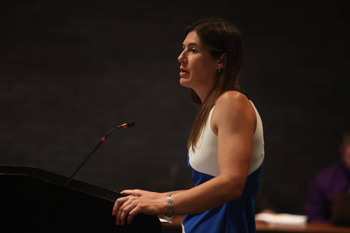 Director of Public Utilities Allison Swisher presents numbers to support a water rate increase at the Joliet City Council meeting on Tuesday. Tuesday, July 19, 2022 in Joliet.