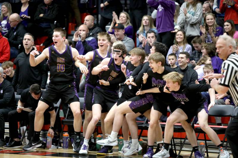 The Downers Grove North bench erupts in the final minutes of the Class 4A East Aurora Boys Basketball Sectional final against Bolingbrook on Friday, March 1, 2024.