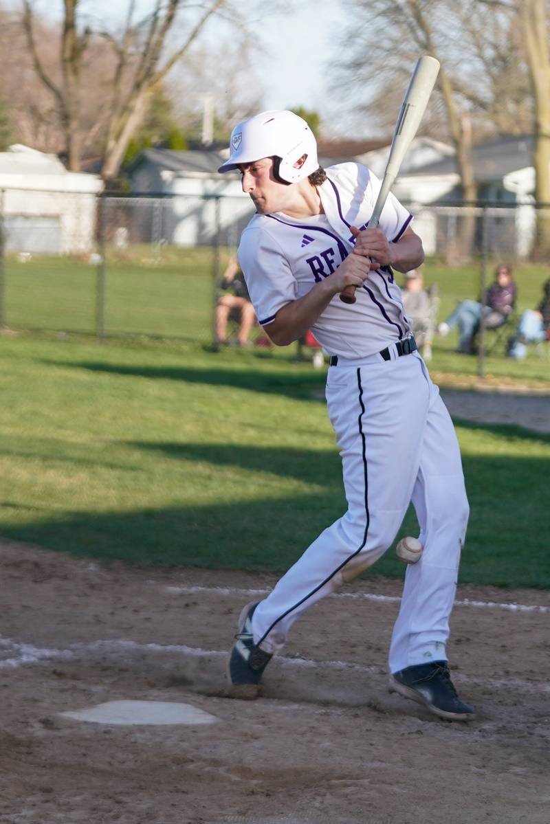 Plano's Kaden Aguirre (99) is hit by a pitch during a baseball game against Marengo at Plano High School on Monday, April 8, 2024.