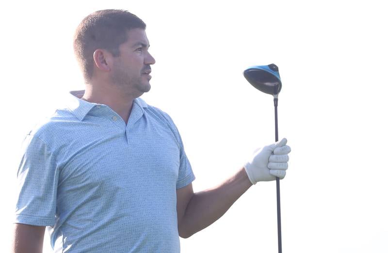 Mick Resser looks to tee off on the 18th hole during the Illinois Valley Mens Golf Championship on Sunday, July 28. 2024 at Mendota Golf Club.