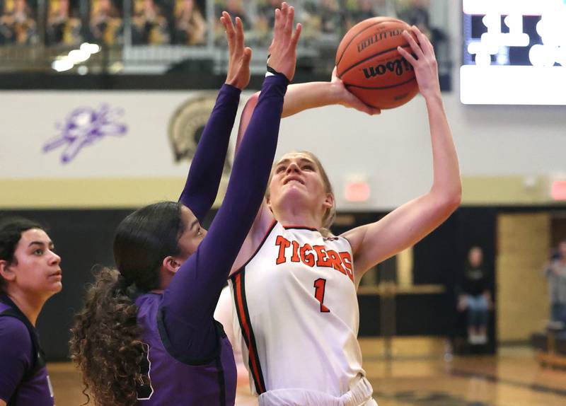 Crystal Lake Central's Ruby Macke goes to the basket against Dixon’s Ahmyrie McGowan during their Class 3A sectional semifinal Tuesday, Feb. 20, 2024, at Sycamore High School.