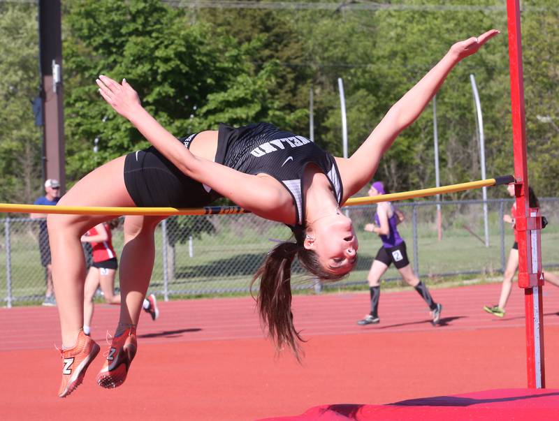 Kaneland's Maggie Spallaso competes in the high jump during the Interstate 8 conference track meet on Friday, May 3, 2024 at the L-P Athletic Complex in La Salle.