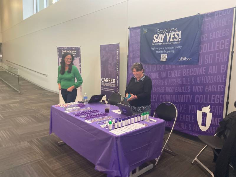 Are you an organ donor? More than half of Illinois residents are, but Melinda Asher (left) and Gina Martin (right), both from Gift of Hope, appeared Tuesday, April 2, 2024, at IVCC trying to boost enrollment north of 60%.