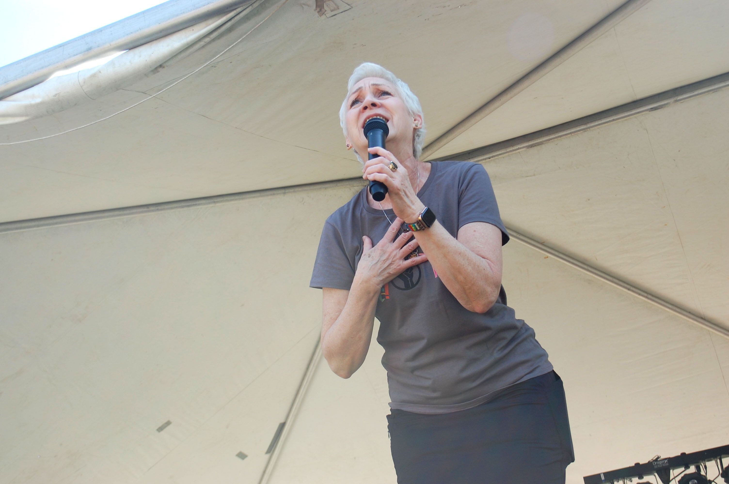 A participant performs during the Ottawa Family Pride Festival lip sync battle on the Jordan block mainstage in downtown Ottawa on Saturday, June 10, 2023.