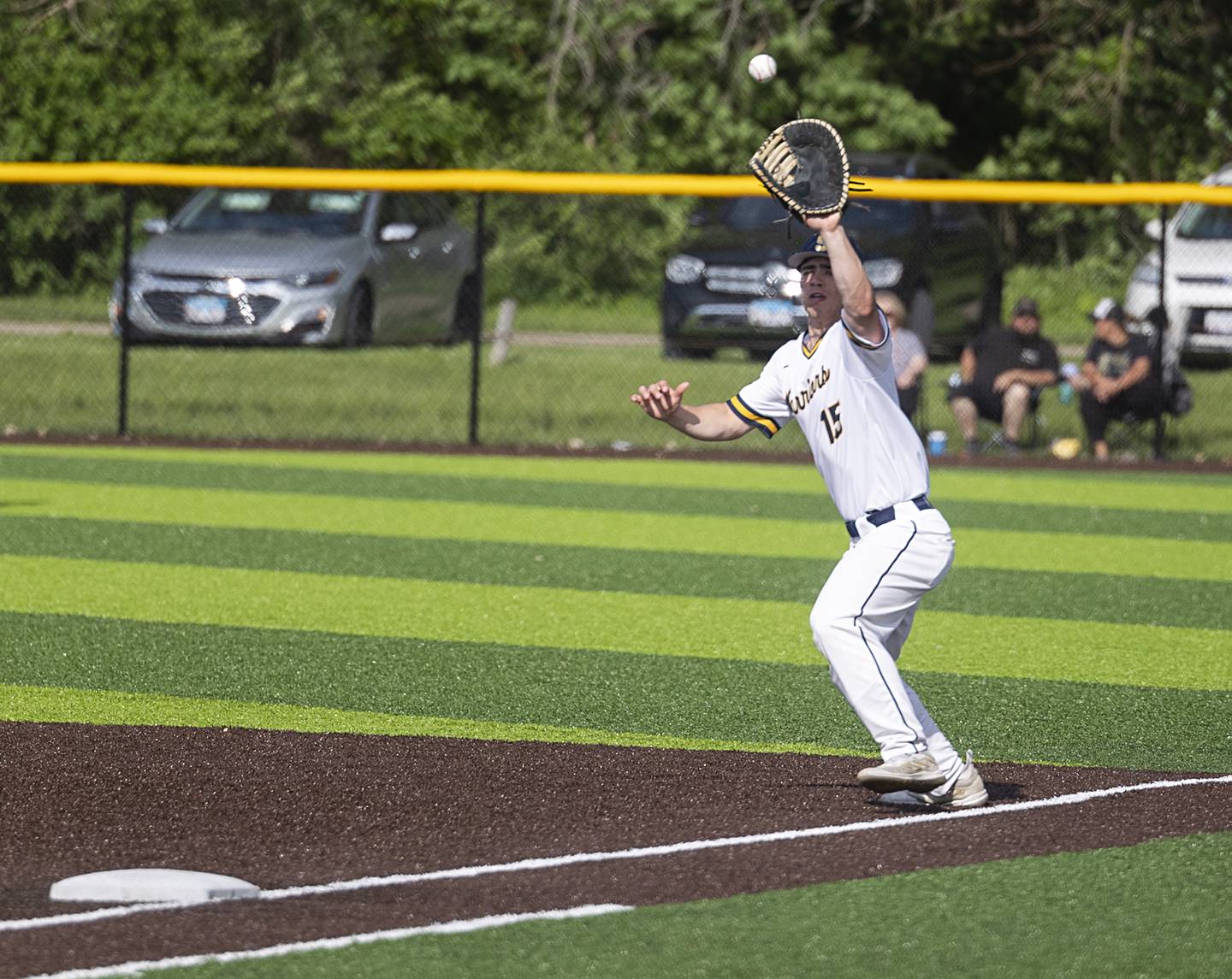 Sterling’s Mason Smithee fields a ball at first base against Rochelle Monday, May 20, 2024 the class 3A regional quarterfinal.