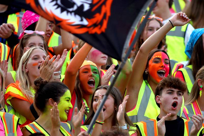 Crystal Lake Central’s fans get revved up for kickoff against Huntley in varsity football on Friday, Aug. 30, 2024, at Metcalf Field on the campus of Crystal Lake Central High School in Crystal Lake.