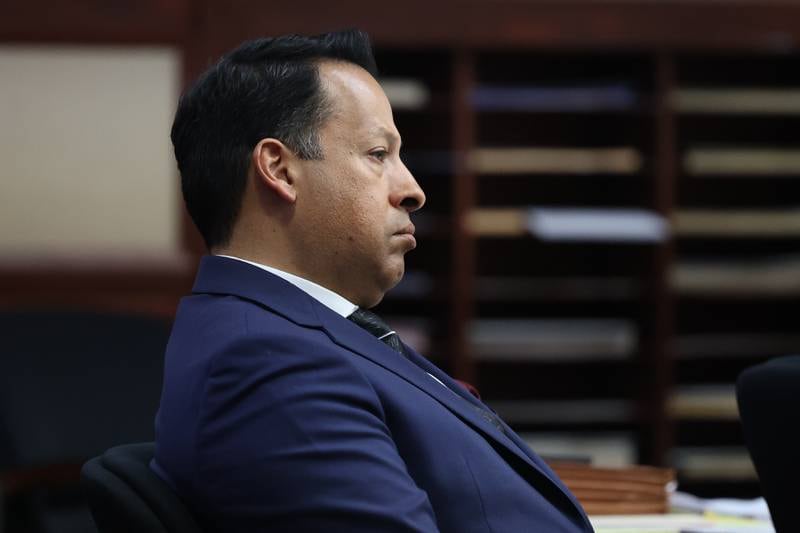 Retired Joliet police sergeant Javier Esqueda sits in the courtroom for a pre-trial hearing at the Kendall County courthouse on Tuesday, April 2, 2024 in Yorkville. Esqueda is charged with official misconduct for accessing and leaking the police squad video of the arrest of Eric Lurry, 37, who died following his arrest on drug charges in January 2020.