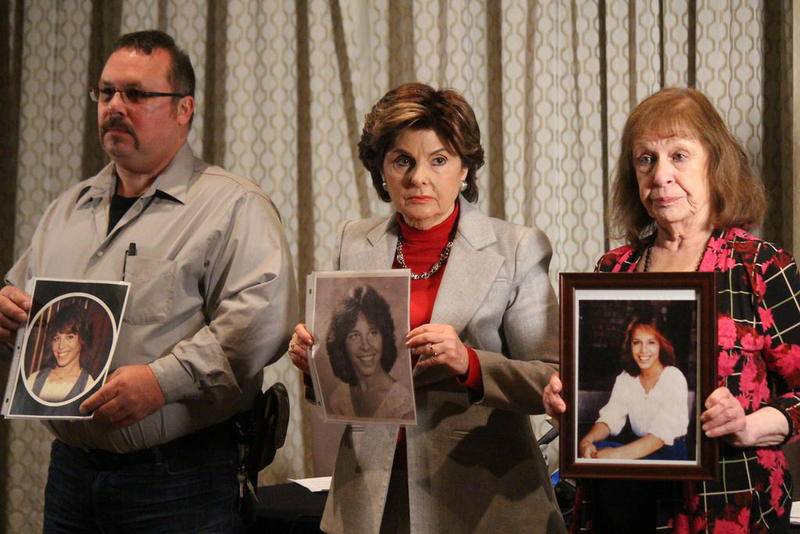 Attorney Gloria Allred (middle) stands next to the late Lorraine "Lorry" Ann Borowski's younger brother, Mark (left), and mother, Lorraine, during a press release held March 29 at Hyatt Rosemont. Photo F. Amanda Tugade