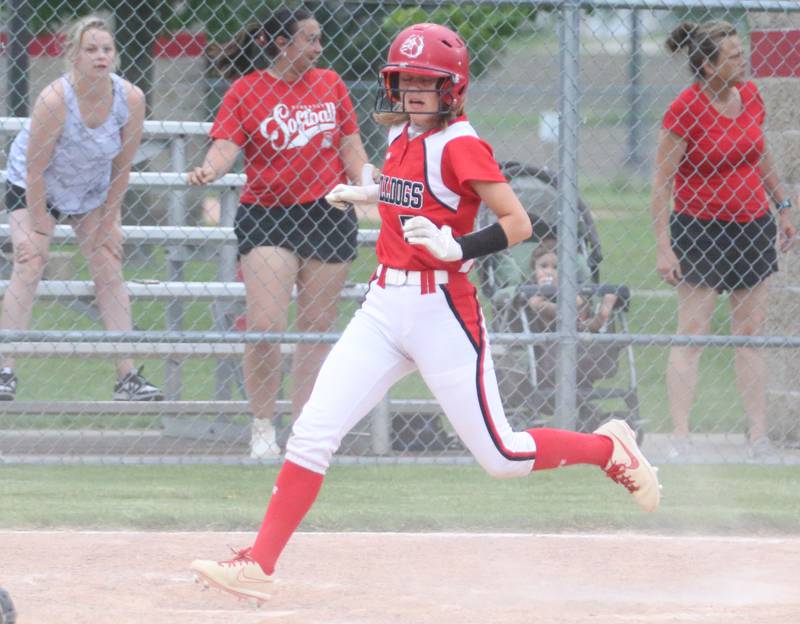 Streator's Rilee Talty scores a run against L-P during the Class 3A Regional semifinal game on Tuesday, May 21, 2024 at Metamora High School.