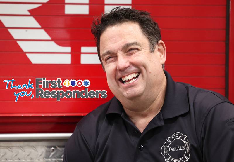 DeKalb firefighter/paramedic Pat Eriksen has a laugh as he talks Wednesday, April 17, 2024, at the DeKalb Fire Department Fire house No. 1, about what his daily routine looks like on a normal shift at the department.