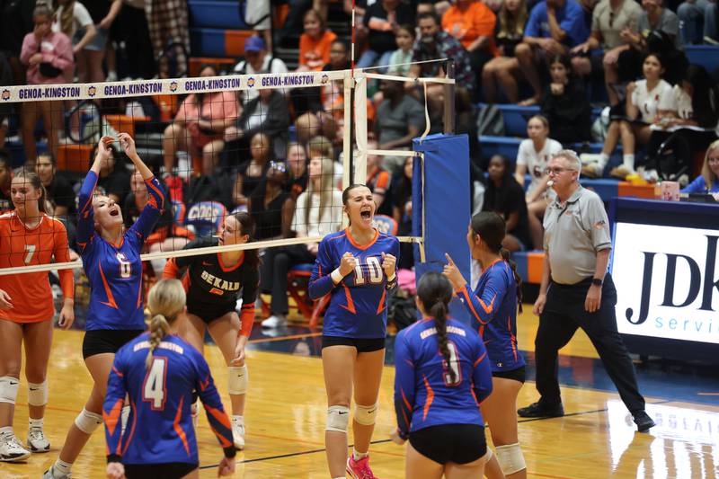 Genoa-Kingston's Bria Botterman celebrates a point during their match against DeKalb Wednesday, Sept. 11, 2024, at Genoa-Kingston High School.