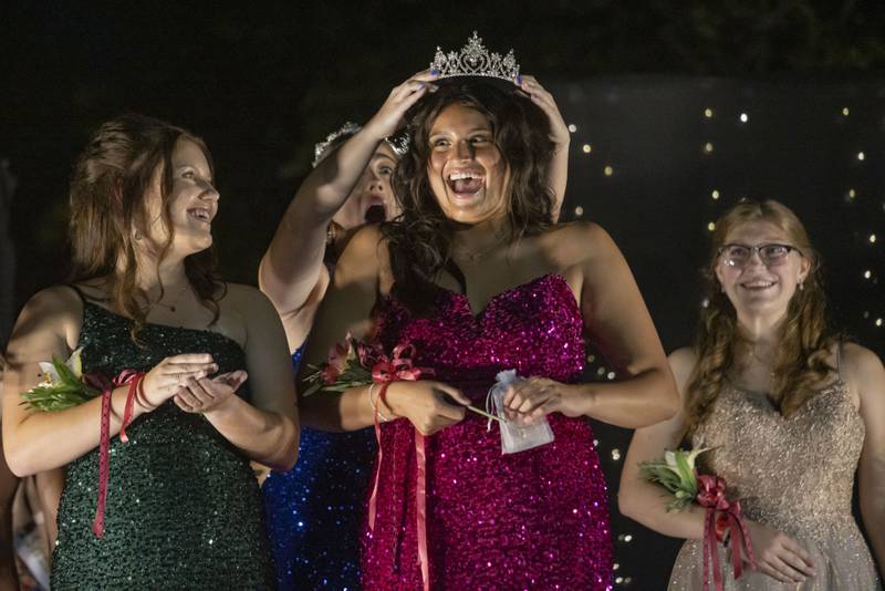 Naitzy Garcia reacts as she is crowned the 2023 Sweet Corn Festival Queen at the Mendota Sweet Corn Festival pageant on Friday, Aug. 11, 2023.