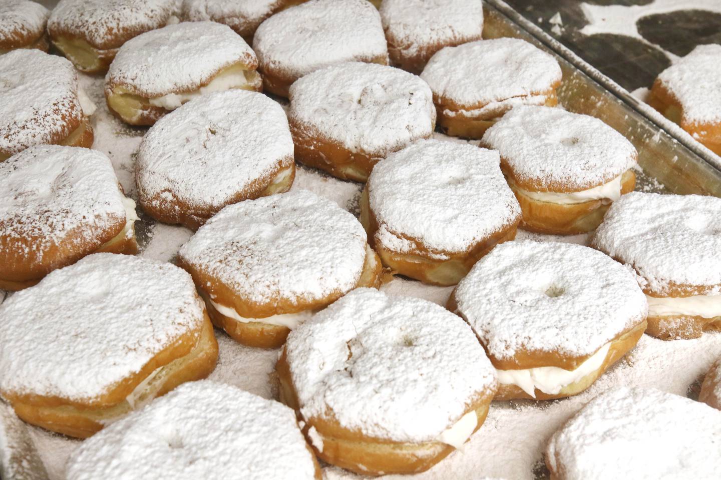 Many flavors of paczki line the shelves Tuesday, Feb. 21, 2023, at Elleson’s Bakery in Sycamore. Elleson’s is always full of customers on Fat Tuesday, also known as Paczki Day, due to the tradition of enjoying the fried Polish dessert.