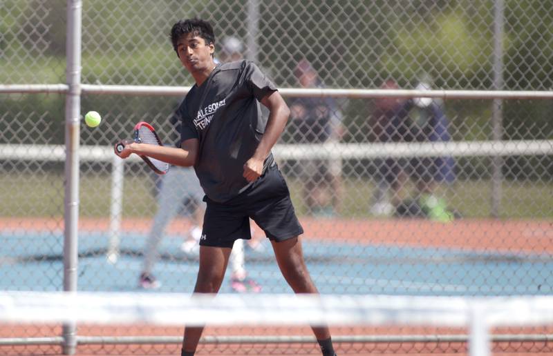 Hinsdale South’s Rithik Selvaraj, along with doubles partner Rohan Bansal (not pictured) competes in the Class 1A Boys State Tennis Meet at Hoffman Estates High School on Thursday, May 25, 2023.