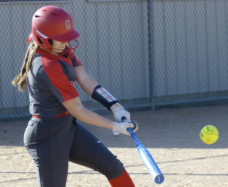 Ottawa’s Annamarie Corallini connects with a pitch Wednesday against Rochelle at Ottawa.