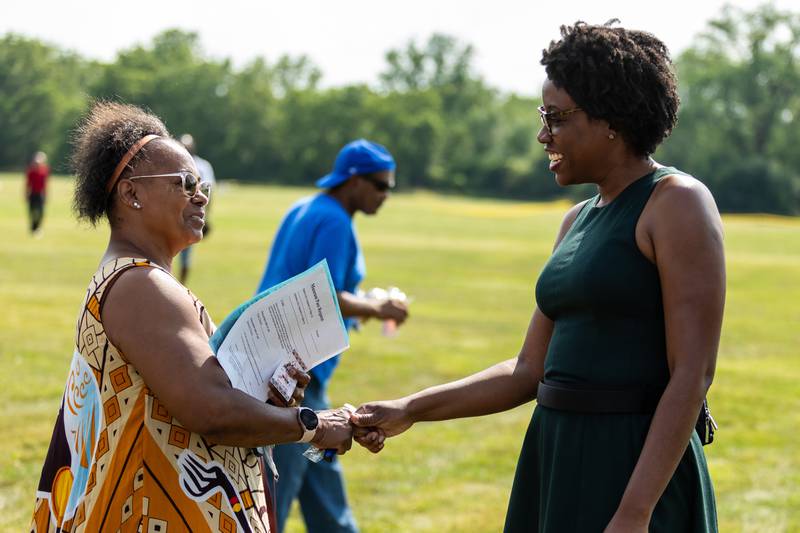 Joliet resident LaVerne Walker-Baxter says hello to U.S. Rep. Lauren Underwood, D-Naperville, during Lockport Township Park District's Juneteenth Celebration at A.F. Hill Park on June 19, 2024.