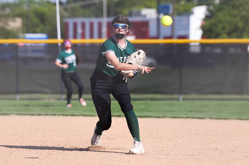 Plainfield Central’s Evalyn Prochaska throws to first against Joliet West on Wednesday, May 15, 2024 in Joliet.