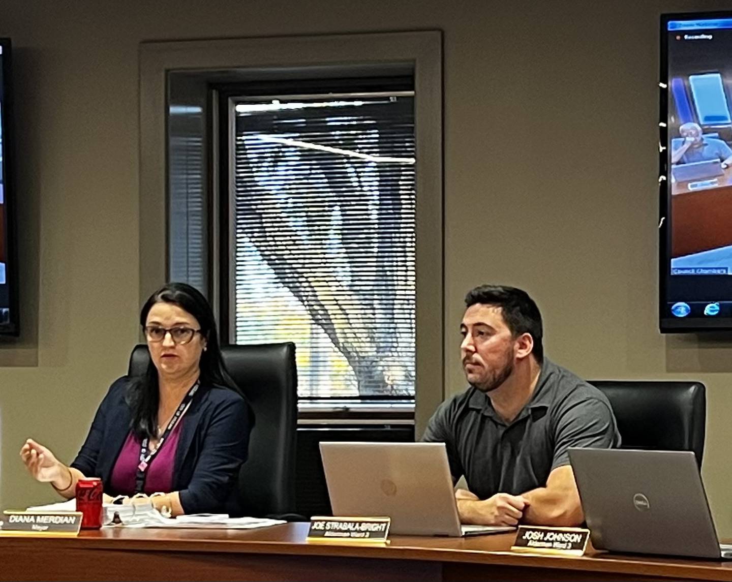 Sterling Mayor Diana Merdian (left) and 2nd Ward Alderman Joe Strabala-Bright take part in the Sterling City Council meeting Monday, Sept. 16. The council awarded a bid for the first phase of construction for the city's riverfront park, set naming guidelines for city-owned property and reviewed plans for the environmental cleanup of facility sites that are part of the Riverfront Reimagined project.