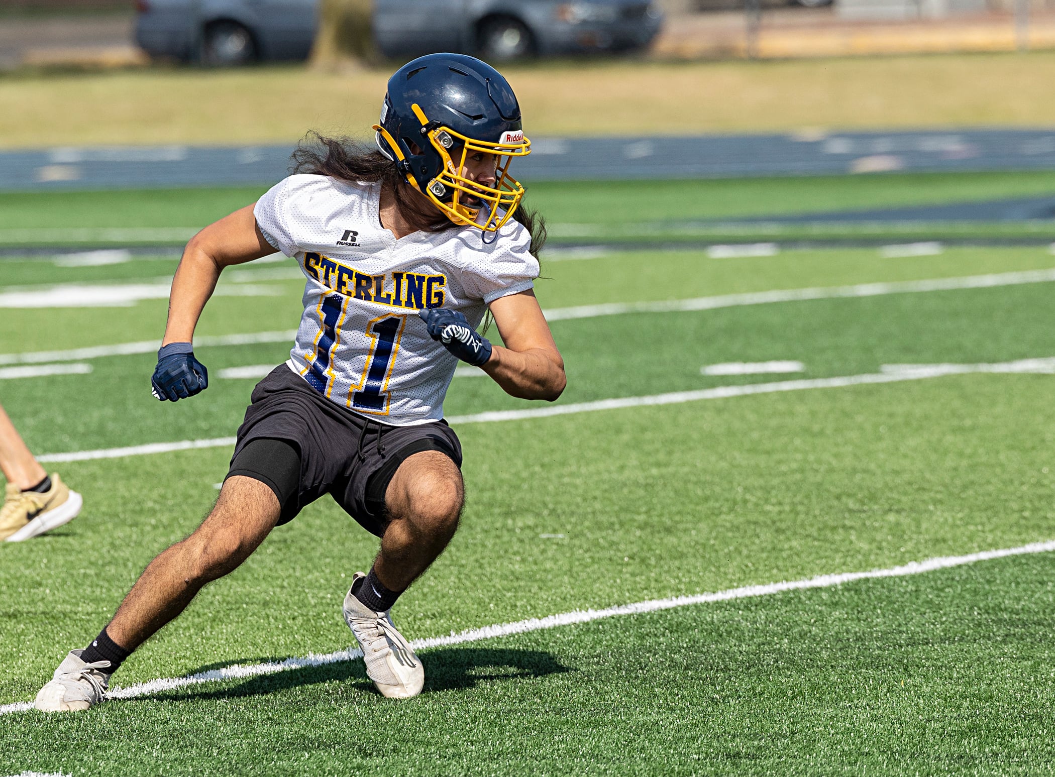 Sterling’s Vitor Polo works on punt blocking Tuesday, Aug. 13, 2024 at Sterling High School.