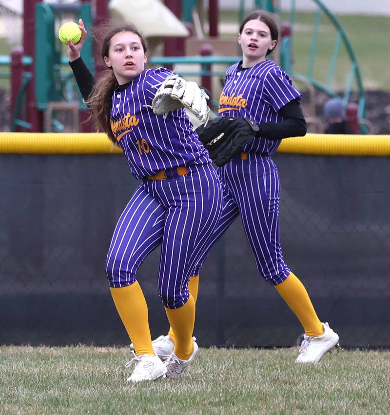 Mendota's Talia White gets the ball back into the infield during their game against Indian Creek Thursday, March 14, 2024, at Indian Creek High School in Shabbona.