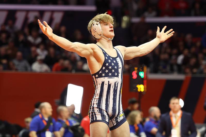 Yorkville Christian’s Ty Edwards celebrates his win over Galesburg’s Sauge Shipp in the 132-pound Class 2A state championship match on Saturday, Feb. 17th, 2024 in Champaign.