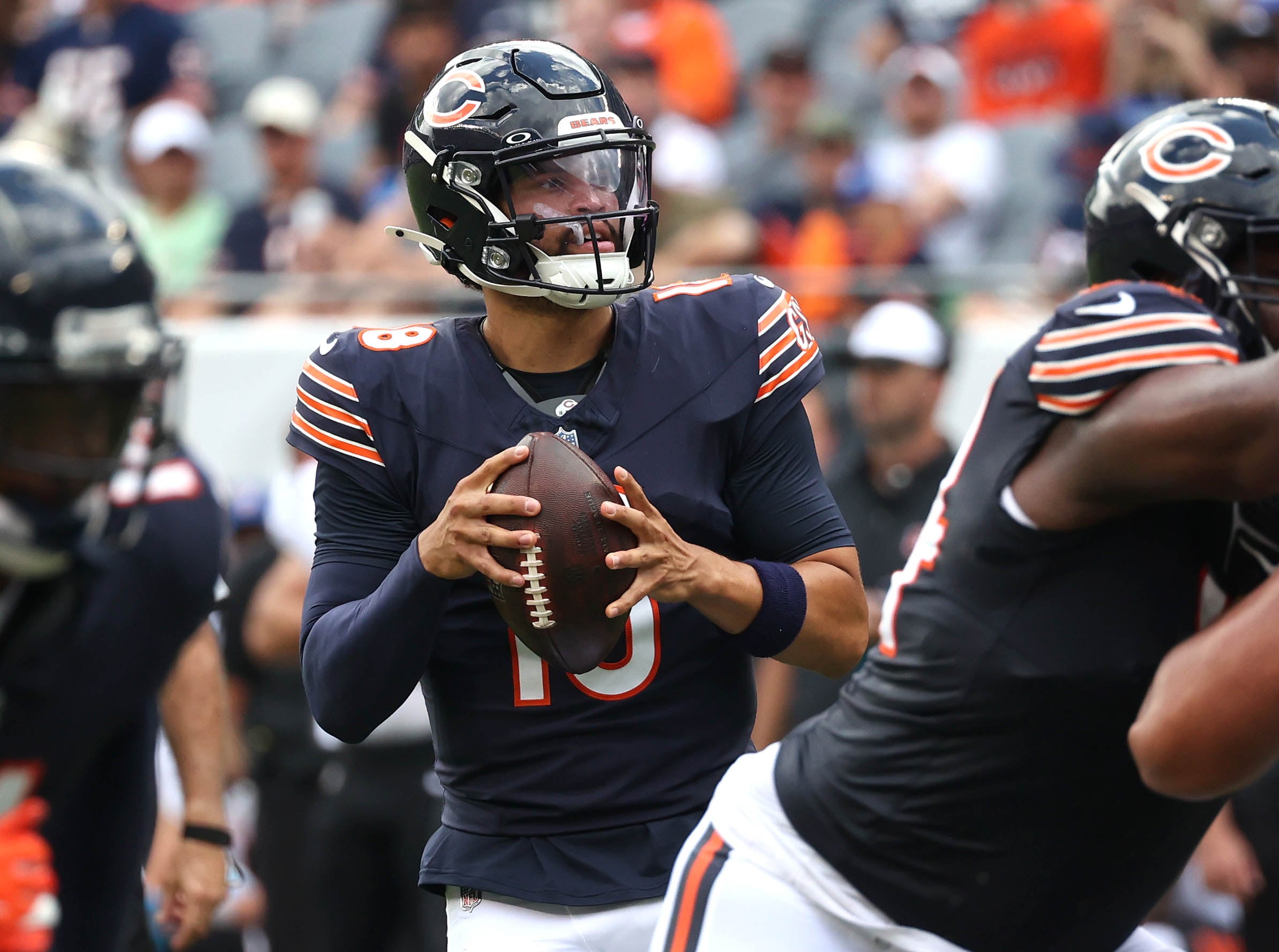 Chicago Bears quarterback Caleb Williams drops back to pass during their game against the Cincinnati Bengals Saturday, Aug. 17, 2024, at Soldier Field in Chicago.