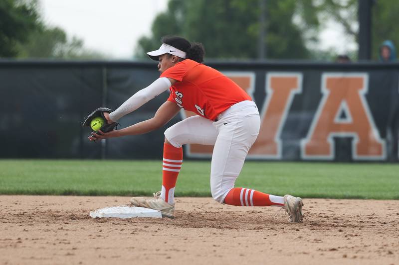 Lincoln-Way West’s Olivea Calderone catches a throw for the force out against Lincoln-Way Central on Tuesday, May 14, 2024 in New Lenox.