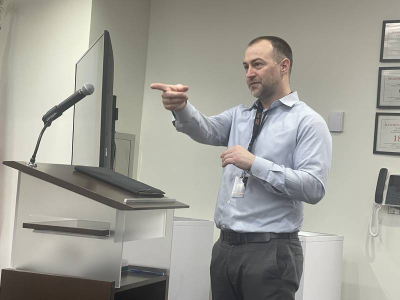 Kyle Gerdes, DeKalb School District 428's director of student services, speaks at the Feb. 20, 2024 meeting of the DeKalb Planning and Zoning Commission.