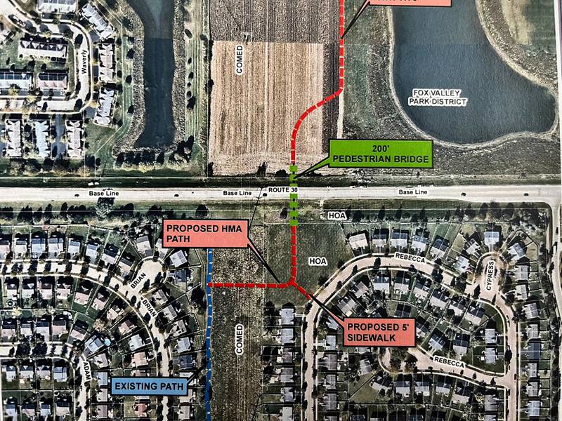 The location of a proposed pedestrian bridge that would span Route 30 on the village of Montgomery's far west side is shown on the above map. The bridge  would link developing trail networks on both sides of the highway and provide access to the Stuart Sports Complex. (Illustration provided by the village of Montgomery)