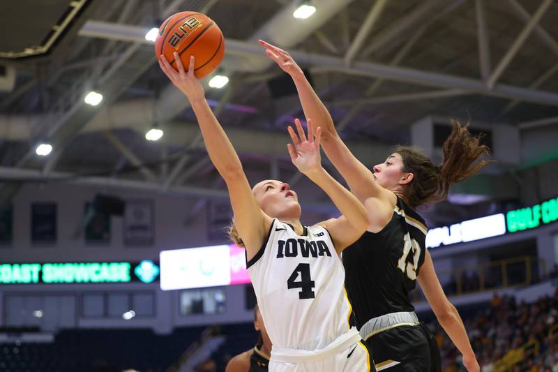 Iowa Hawkeyes guard Kylie Feuerbach (4) during the first quarter of their game at Hertz Arena in Estero, Florida on Friday, November 24, 2023.