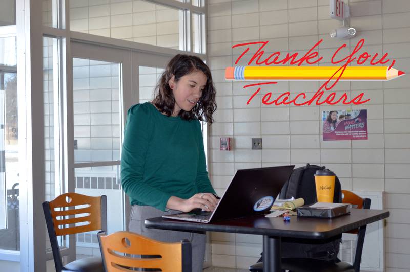 Spanish teacher Kimberly Radostits works in the Oregon Junior-Senior High School foyer on Feb. 2, 2023, checking the list of her upcoming speaking engagements. Radostits is the 2022 Illinois Teacher of the Year and has been on a state-funded sabbatical since June 2022. On Jan. 25, she was named one of five finalists for 2023 National Teacher of the Year.