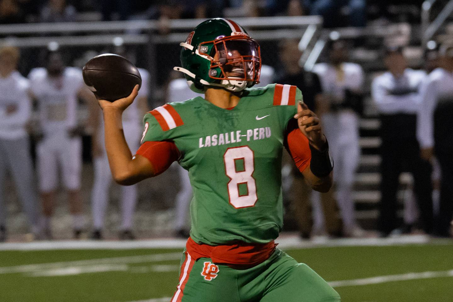 Marion Perich of L-P throws ball on Friday, October 11, 2024 at Howard Fellows Stadium in LaSalle.