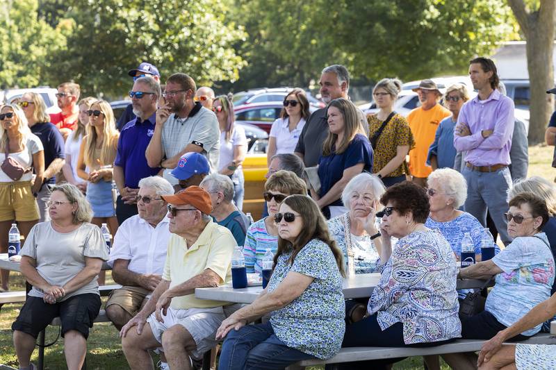 Community members attend the dedication Tuesday, Sept. 17, 2024, of the Larry and Louise Reed Basketball Courts at Vaile Park in Dixon.