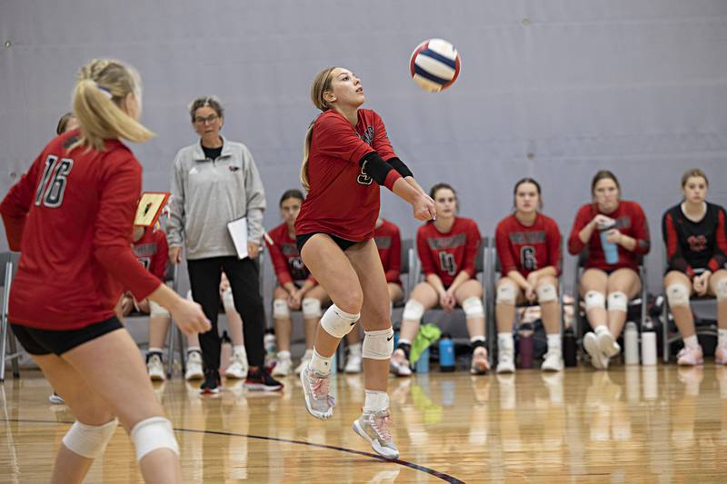 Erie-Prophetstown’s Jamie Neumiller plays the ball against Rochelle Saturday, Sept. 30, 2023 during the Sterling Volleyball Invitational held at Challand Middle School.