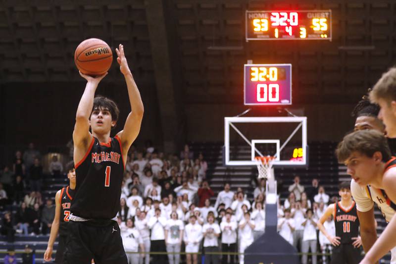 McHenry's Marko Visnjevac shoots a free throw during the last minute of their IHSA Class 4A Guilford Boys Basketball Sectional semifinal game against Hononegah on Wednesday, Feb. 28, 2024, at Rock Valley College in Rockford.