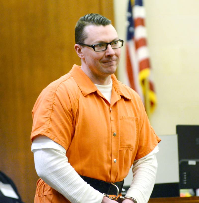 Duane Meyer looks toward family members as he enters an Ogle County courtroom on Thursday, Sept. 5, 2024. He is accused of killing his ex-wife, Maggie (Rosko) Meyer and their 3-year-old son in 2016.