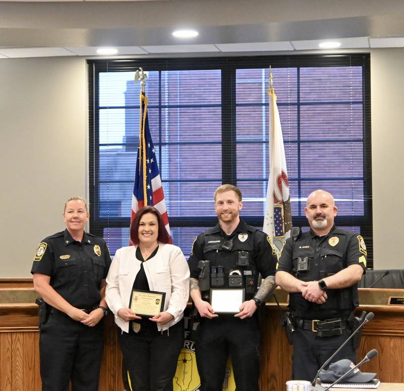 Peru Police Chief Sarah Raymond, Detective Amy Sines, Officer Alec Lindemann and Sergeant Brad Jones during Monday’s City Council meeting.