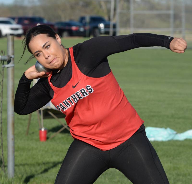 Erie-Prophetstown's Navonna Lopez throws the shot at the Ed Schmidt Invitational Track Meet at Erie High School on Friday, April 19, 2024.