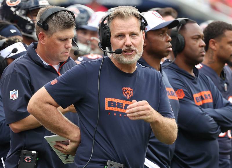 Chicago Bears head coach Matt Eberflus watches a play on the Jumbotron during their game against the Cincinnati Bengals Saturday, Aug. 17, 2024, at Soldier Field in Chicago.