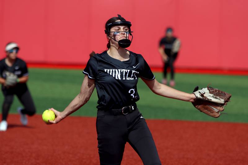 Huntley’s Gretchen Huber makes an offering against Barrington in sectional final softball  action at Barrington Friday.