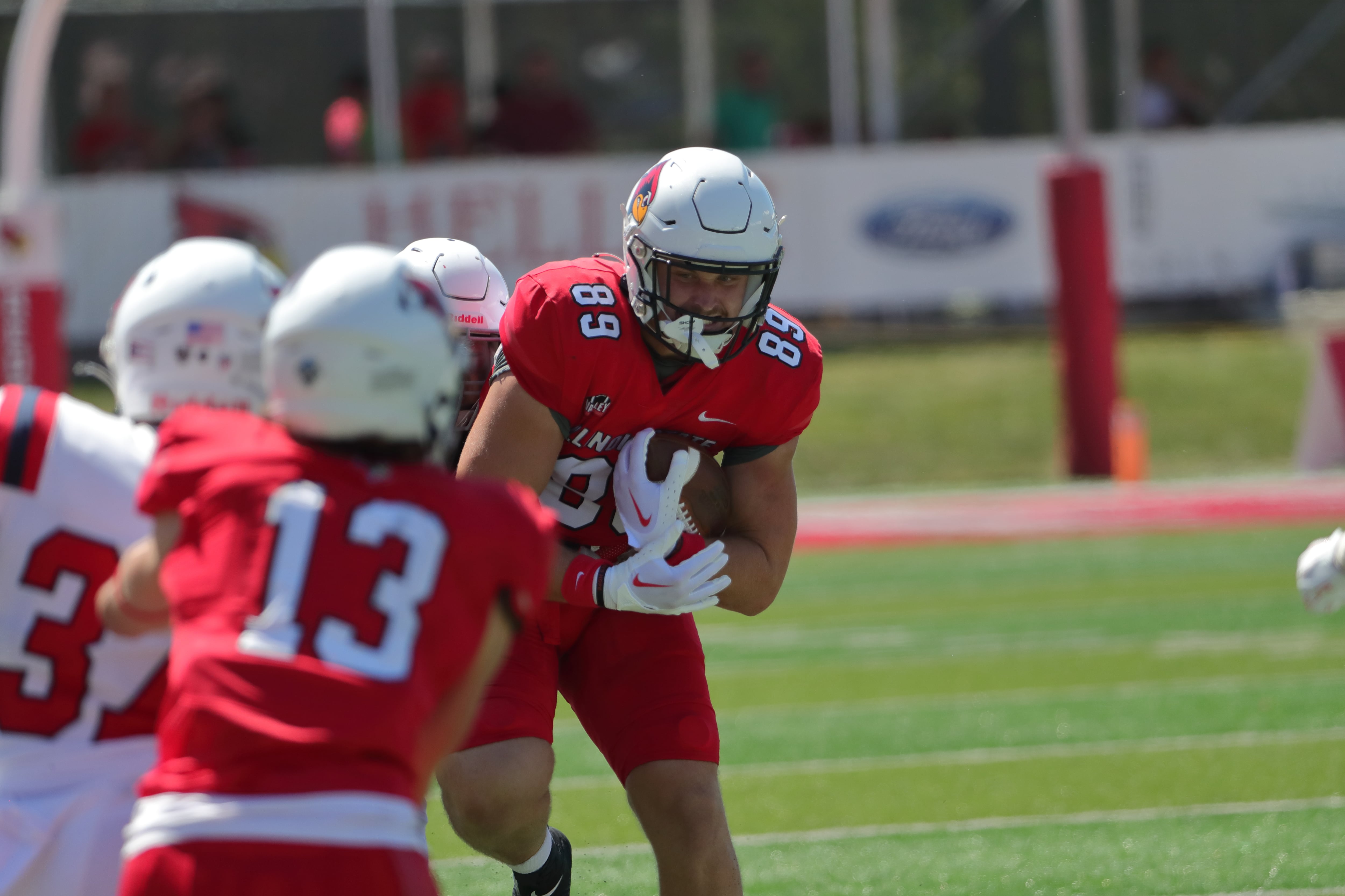 Fieldcrest graduate and Illinois State University senior Cam Grandy runs the ball down field after making a catch during a game this season.