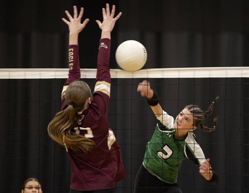 Rock Falls’ Kaltrina Lecaj hammers a shot against Dunlap Thursday, Aug. 29, 2024, at Rock Falls High School.